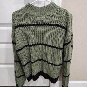 Olive Green Striped Turtleneck Sweater - Women